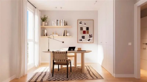 Despacho o estudio integrado en la vivienda, ideal para el teletrabajo. Muestra la flexibilidad de las tipologías de 3 y 4 dormitorios de esta promoción de obra nueva.